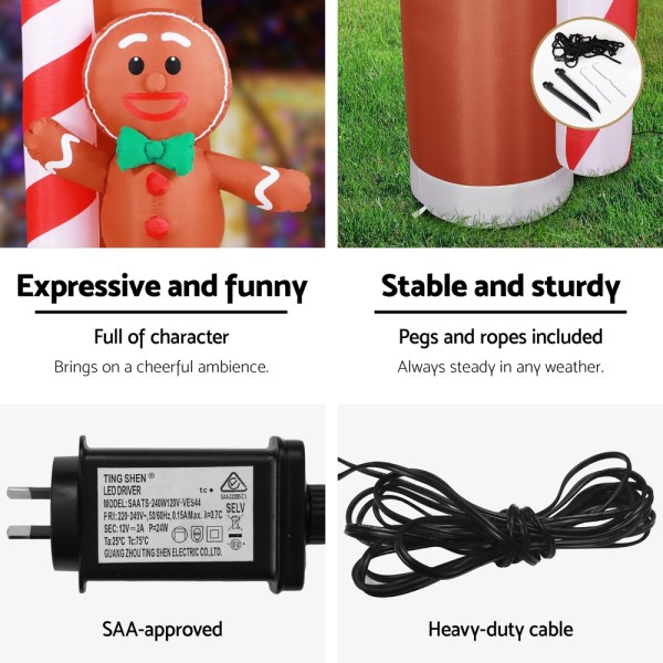 jingle jollys christmas inflatable archwary ginger 2.8m illuminated decorations Inflatable gingerbread, stable bases, SAA-approved LED driver.