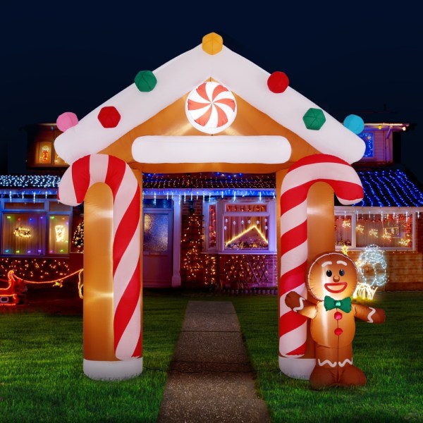 jingle jollys christmas inflatable archwary ginger 2.8m illuminated decorations Inflatable candy cane arch with Christmas lights display.