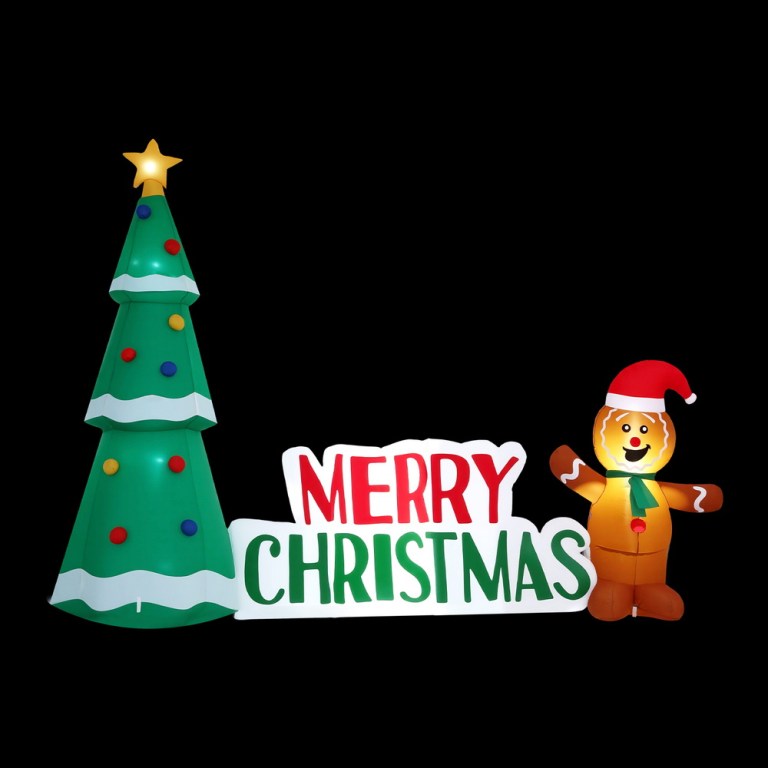 jingle jollys christmas inflatable gingerbread man tree led illuminated decorations Christmas tree and gingerbread with Merry Christmas sign.