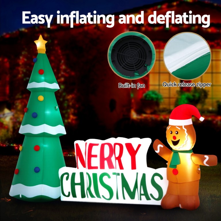 jingle jollys christmas inflatable gingerbread man tree led illuminated decorations Inflatable Christmas tree and gingerbread, easy setup.