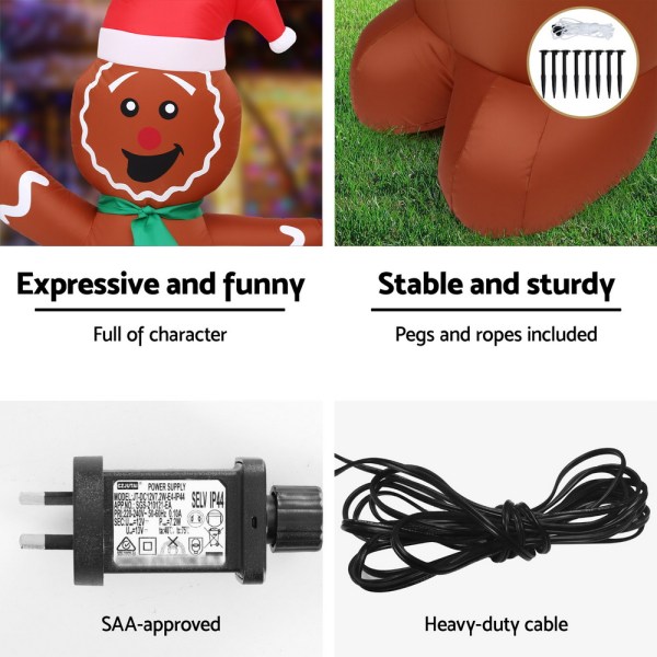 Inflatable gingerbread decorations with pegs and electrical components.