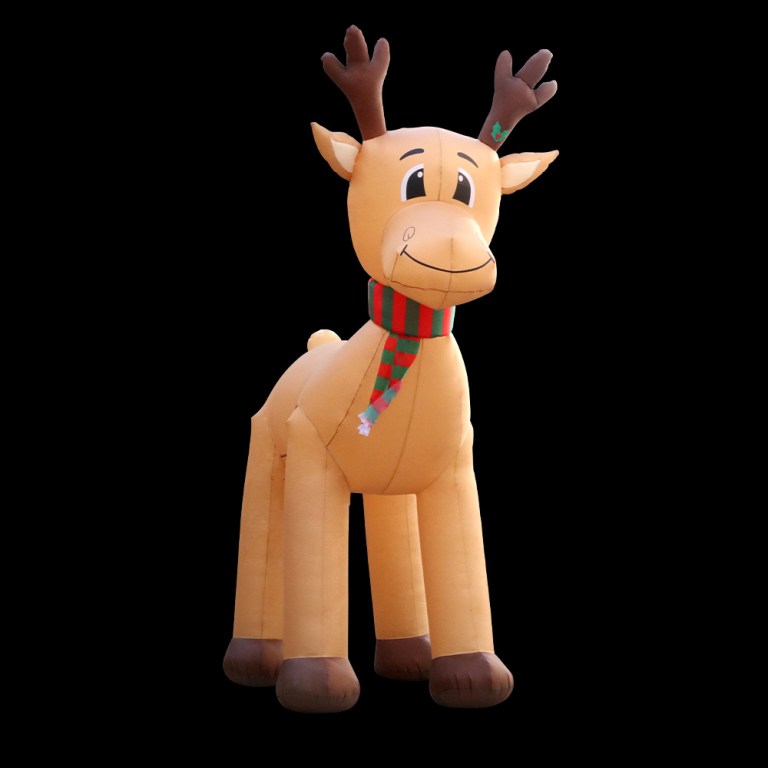 xmas inf rein 5m 00.jpg Giant inflatable reindeer with scarf on black background.