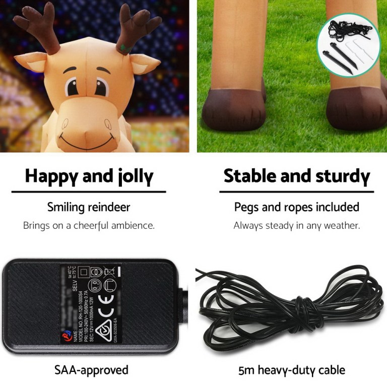 jingle jollys christmas inflatable reindeer 5m illuminated decorations Inflatable reindeer with pegs, ropes, and power adapter.