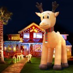 jingle jollys christmas inflatable reindeer 5m illuminated decorations Christmas lights and inflatable reindeer in front yard.