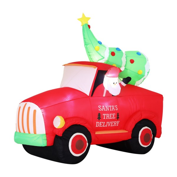 Inflatable Santa driving red truck with Christmas tree.
