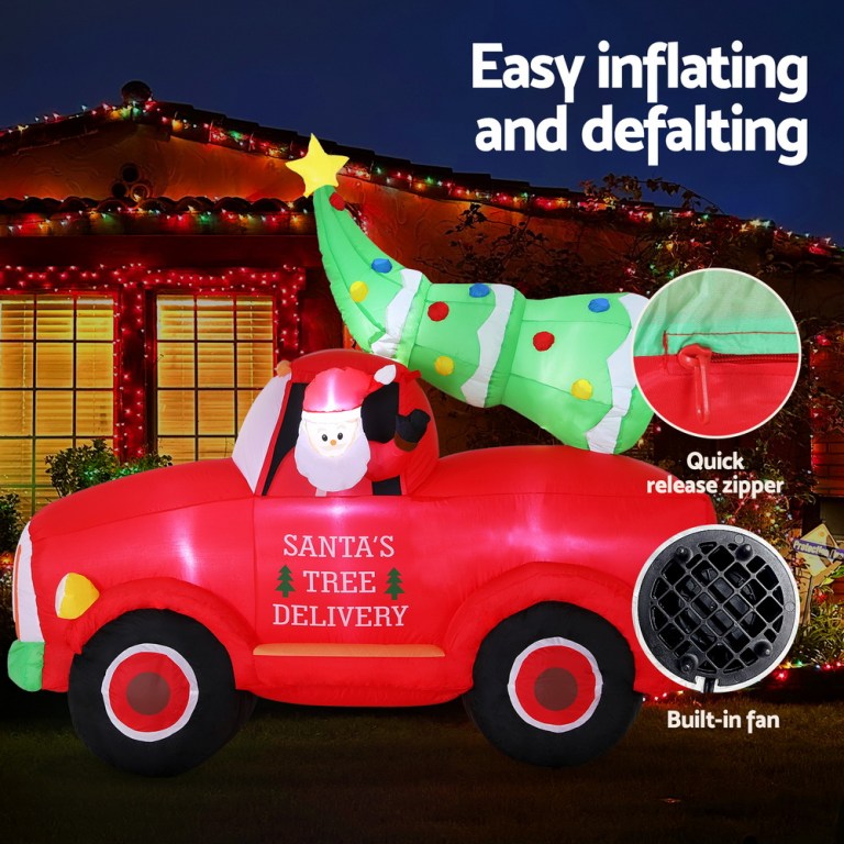 jingle jollys christmas inflatable santa truck 1.6m height led decorations illuminated Inflatable Santa delivery truck with Christmas tree decoration.