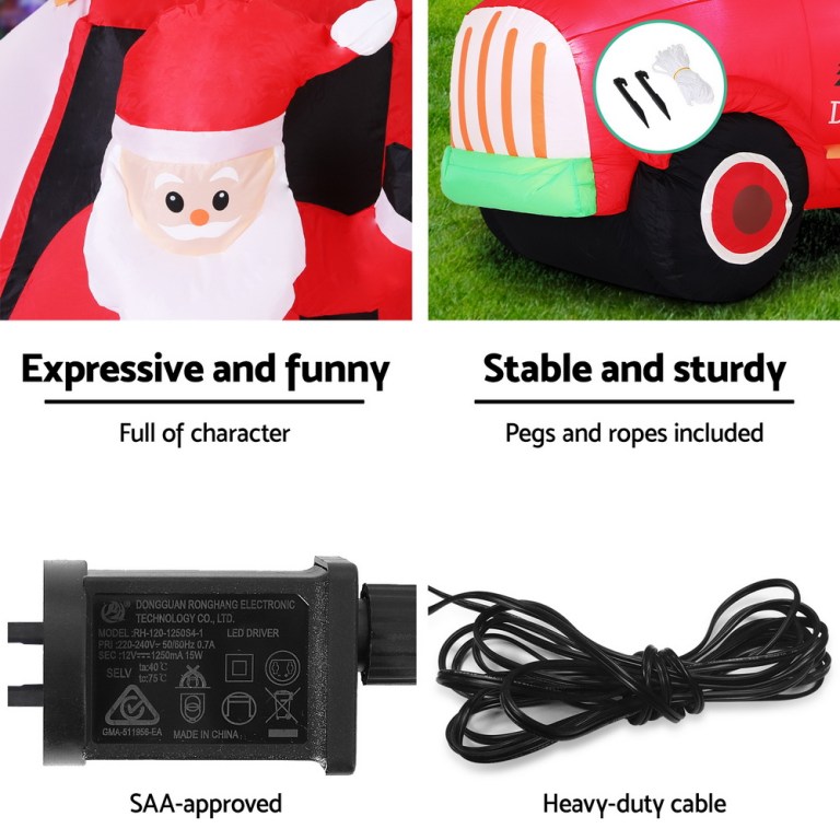 jingle jollys christmas inflatable santa truck 1.6m height led decorations illuminated Inflatable Christmas ornament details and accessories overview.