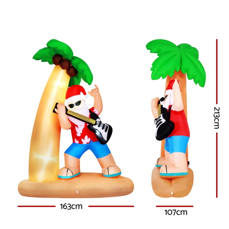 jingle jollys christmas inflatable santa guitar 2.1m led illuminated decorations Inflatable Santa with guitar under palm tree.