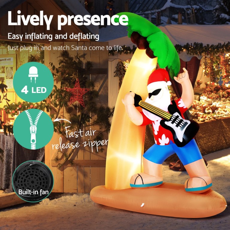 jingle jollys christmas inflatable santa guitar 2.1m led illuminated decorations Inflatable Santa with guitar and LED lights.