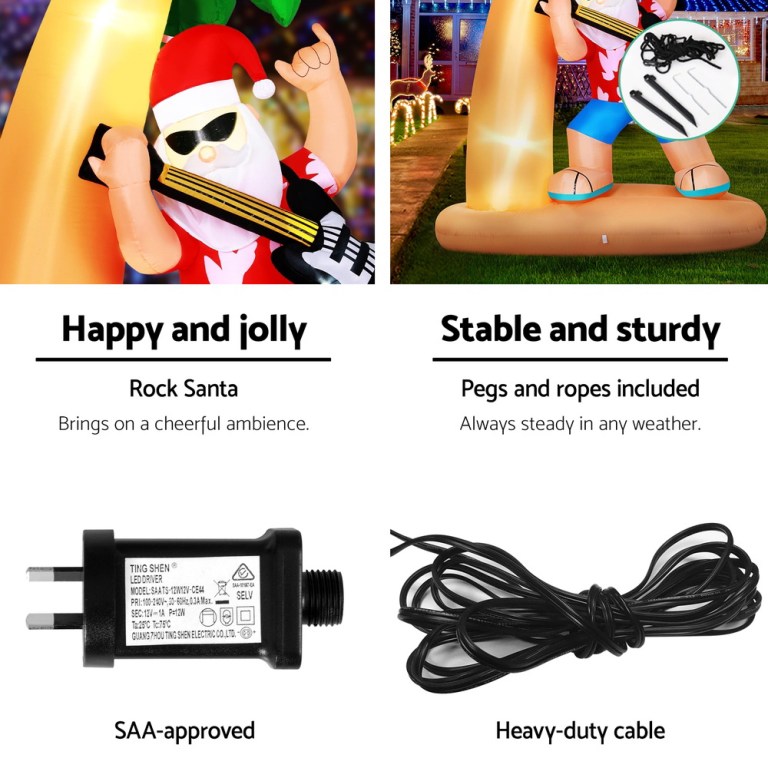 jingle jollys christmas inflatable santa guitar 2.1m led illuminated decorations Inflatable Santa with lights, sturdy base, and accessories.