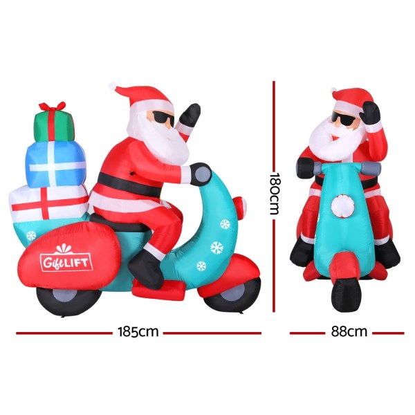 jingle jollys christmas inflatable santa motorbike led illuminated decorations Inflatable Santa on scooter with gifts, dimensions shown.