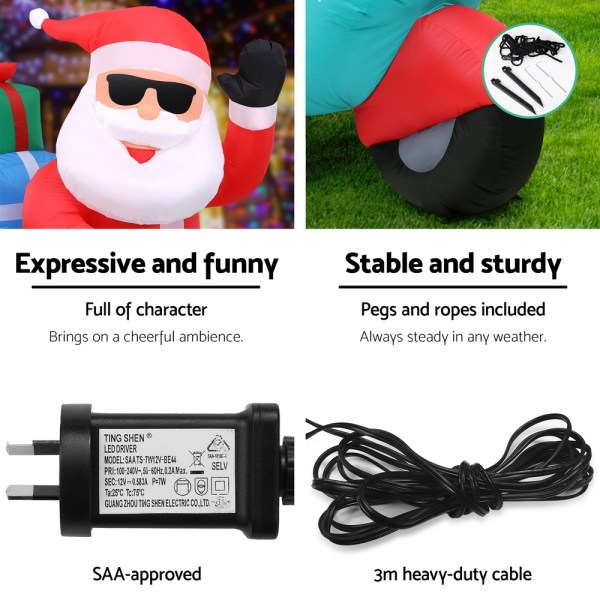 jingle jollys christmas inflatable santa motorbike led illuminated decorations Inflatable Santa decoration with power adapter, stable setup.