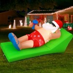 Inflatable Santa sunbathing with Christmas lights in background.