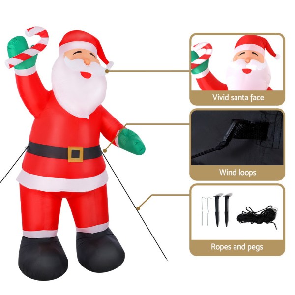 jingle jollys christmas inflatable santa 3m illuminated decorations Inflatable Santa with candy cane, loops, ropes, pegs.