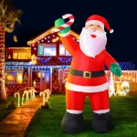Inflatable Santa in front of festive house lights