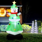 Inflatable snowman decoration in festive outdoor setting.