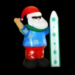 Inflatable Santa with surfboard in holiday attire.