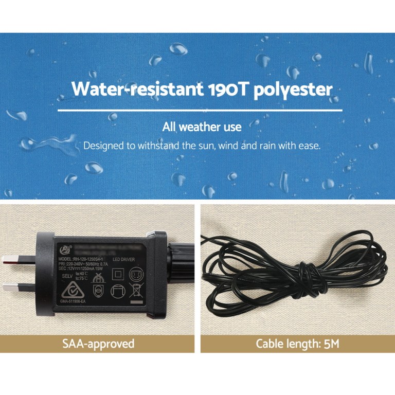 Water-resistant polyester, SAA-approved plug, 5M cable length.