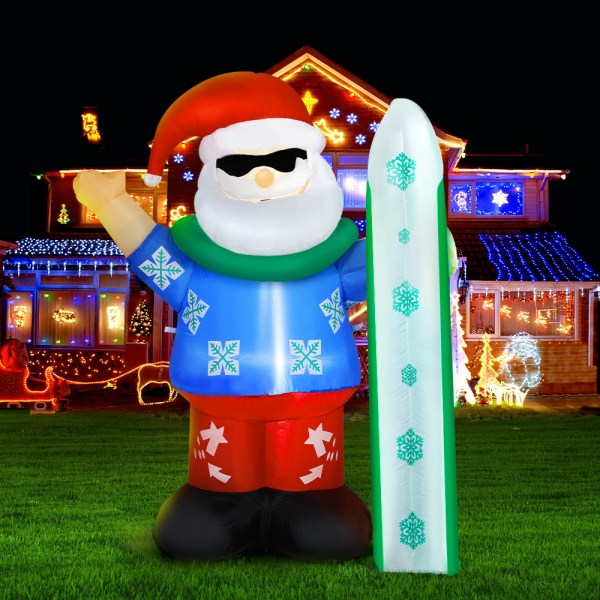 jingle jollys christmas inflatable santa 1.6m illuminated decorations Inflatable Santa with surfboard, Christmas lights display.