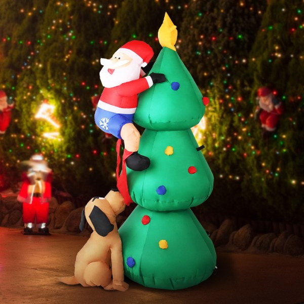 jingle jollys christmas inflatable santa tree 1.8m illuminated decorations Inflatable Santa and dog climbing Christmas tree decoration.