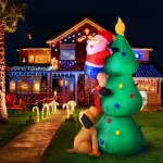 Festive Christmas lights and inflatable Santa decoration.