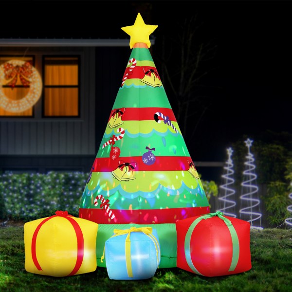 jingle jollys christmas inflatable gift tree 2.2m height flashing light decorations illuminated Inflatable Christmas tree with gifts, night decoration.