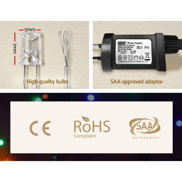 20m christmas lights icicle light 800 led multi coloured jingle jollys High-quality bulbs, SAA adaptor, CE RoHS compliant.