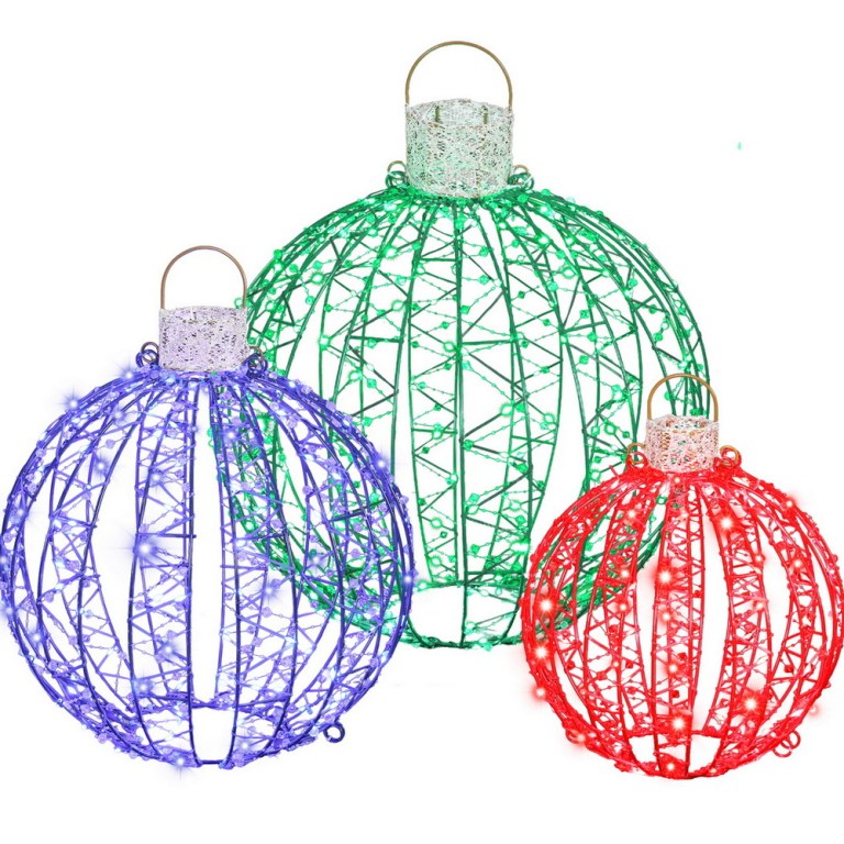 jingle jollys christmas lights 320 led fairy light 3pcs ball decorations set Colourful wireframe Christmas baubles with lights.