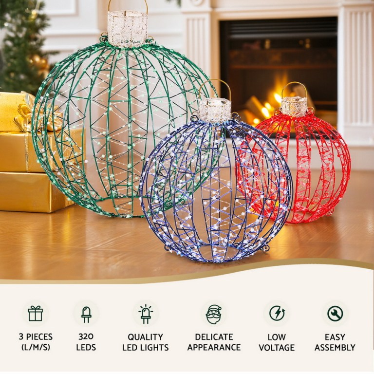 jingle jollys christmas lights 320 led fairy light 3pcs ball decorations set Three LED Christmas decorations, green, blue, red spheres.