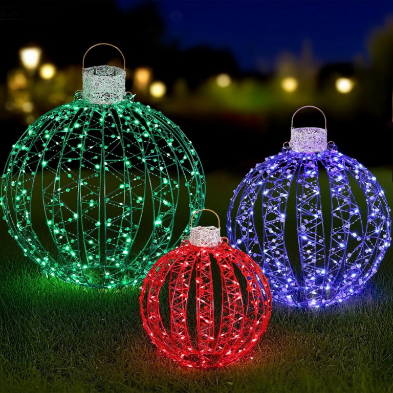 jingle jollys christmas lights 320 led fairy light 3pcs ball decorations set Colourful LED orb lights in garden at night.