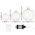 jingle jollys christmas lights 320 led fairy light 3pcs ball decorations set Three metal spheres with dimensions and power adapter.