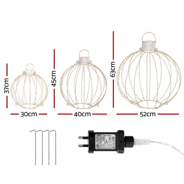 jingle jollys christmas lights 320 led fairy light 3pcs ball decorations set Three metal spheres with dimensions and power adapter.