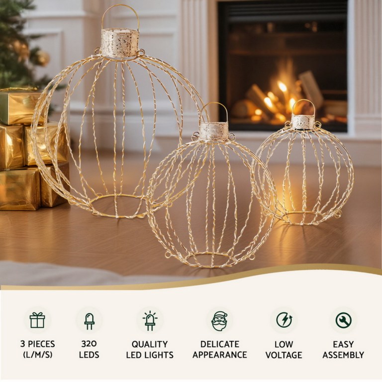 jingle jollys christmas lights 320 led fairy light 3pcs ball decorations set Three decorative wire LED balls near fireplace.