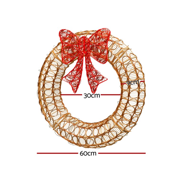 0.6m christmas lights 160 led motif solar wreath xmas decorations jingle jollys Wreath with red bow, various dimensions labeled.