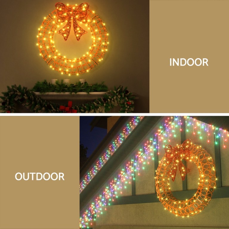 0.6m christmas lights 160 led motif solar wreath xmas decorations jingle jollys Christmas wreath with lights, indoor and outdoor display.