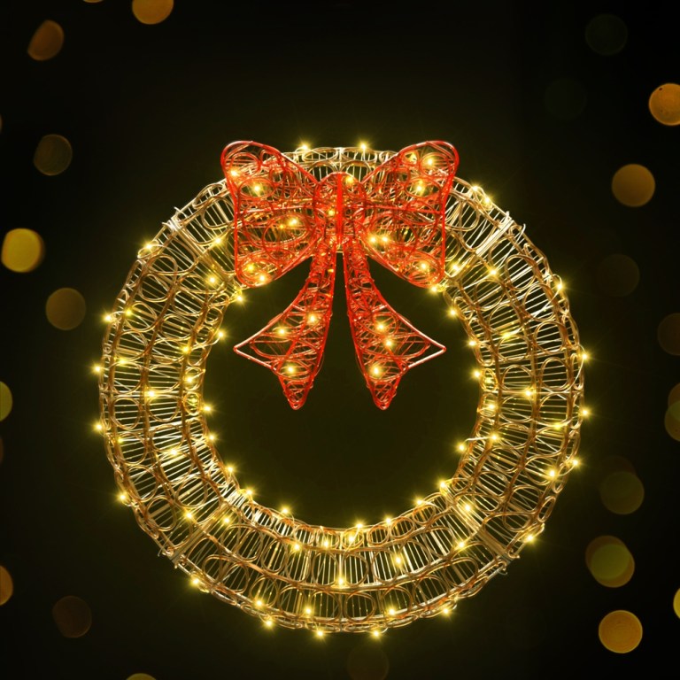 0.6m christmas lights 160 led motif solar wreath xmas decorations jingle jollys Christmas wreath with red bow and lights