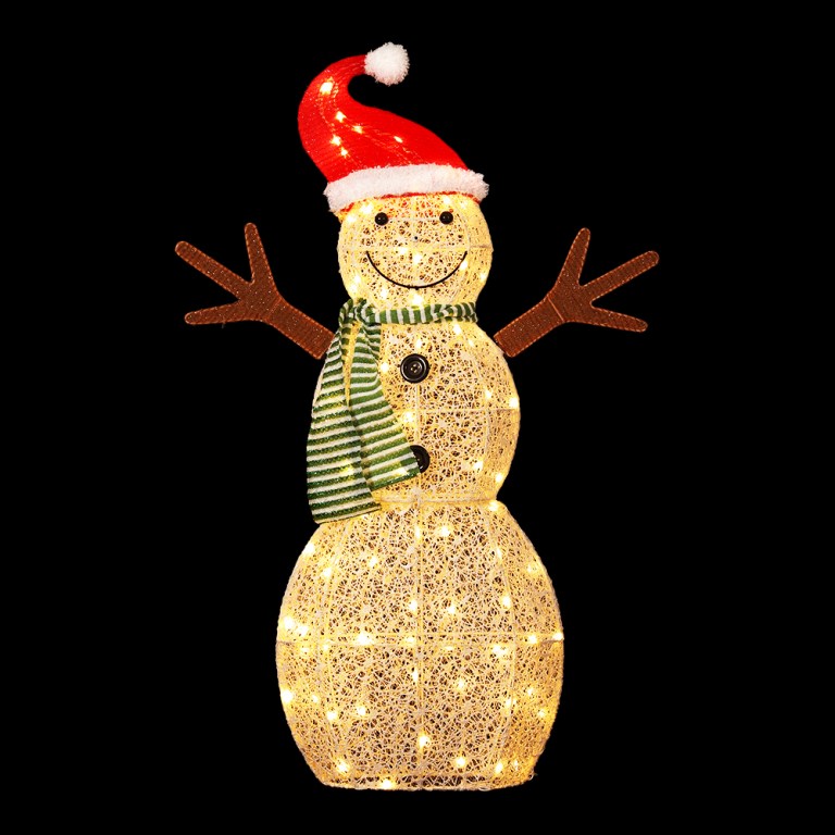 Illuminated snowman with Santa hat and scarf.