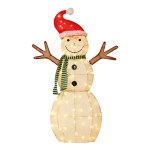 Festive snowman decoration with lights and Santa hat.