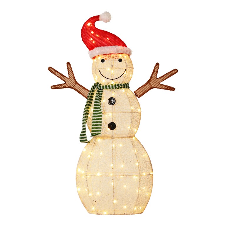 Festive snowman decoration with lights and Santa hat.