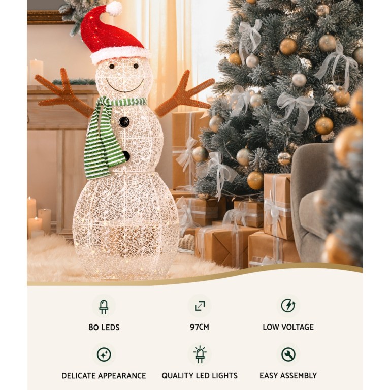 Festive LED snowman decoration beside Christmas tree.