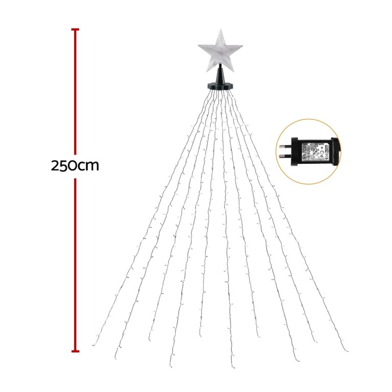 jingle jollys 2.5m christmas lights waterfall string light 300 led star topper 250cm star-top Christmas tree lights with adapter.