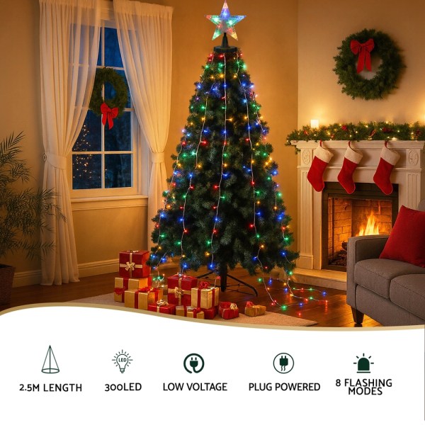 Decorated Christmas tree with gifts and stockings.