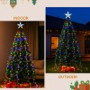 Indoor and outdoor Christmas trees with lights and gifts.