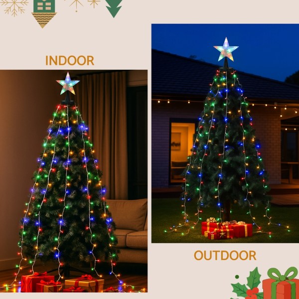 Indoor and outdoor Christmas trees with lights and gifts.