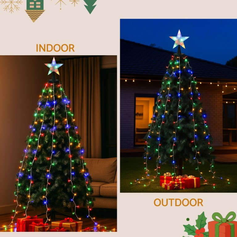 jingle jollys 2.5m christmas lights waterfall string light 300 led star topper Indoor and outdoor Christmas trees with lights and gifts.
