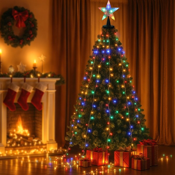 Decorated Christmas tree with lights and presents.