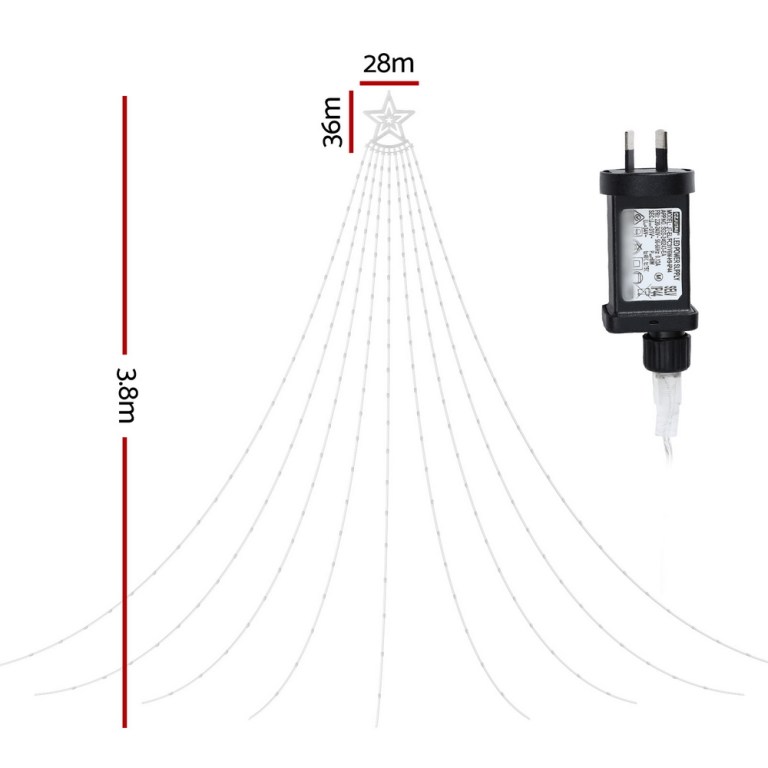 Christmas lights with plug and dimensions shown.