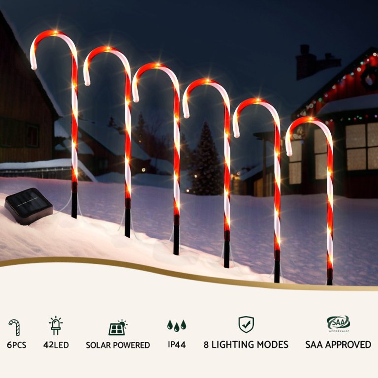 42 led 6 pcs christmas lights path ground light garden decorations jingle jollys Solar-powered candy cane lights in snowy yard