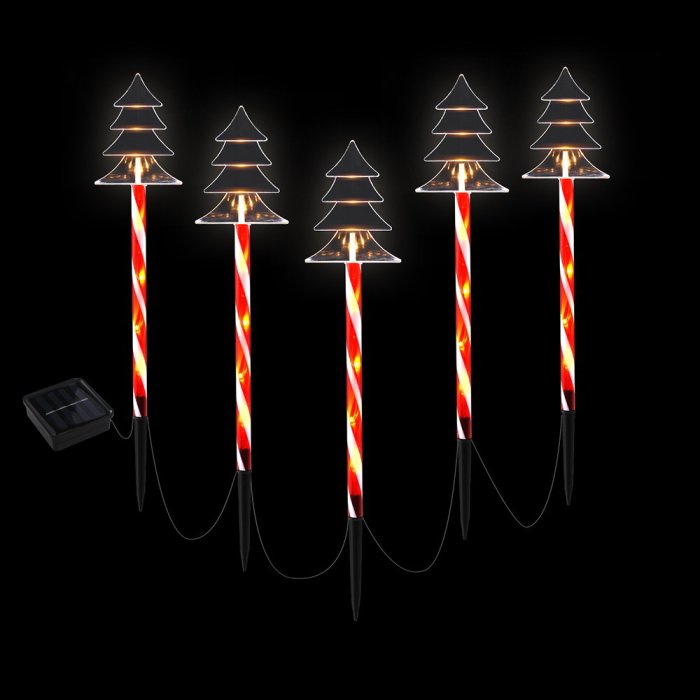 Solar Christmas lights, candy cane with tree tops.