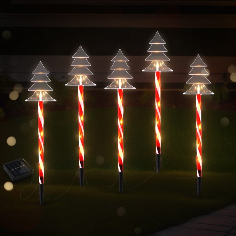 Solar candy cane Christmas lights in garden.